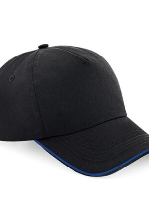 Beechfield Authentic 5 Panel Cap - Piped Peak Black Bright Royal ONE SIZE